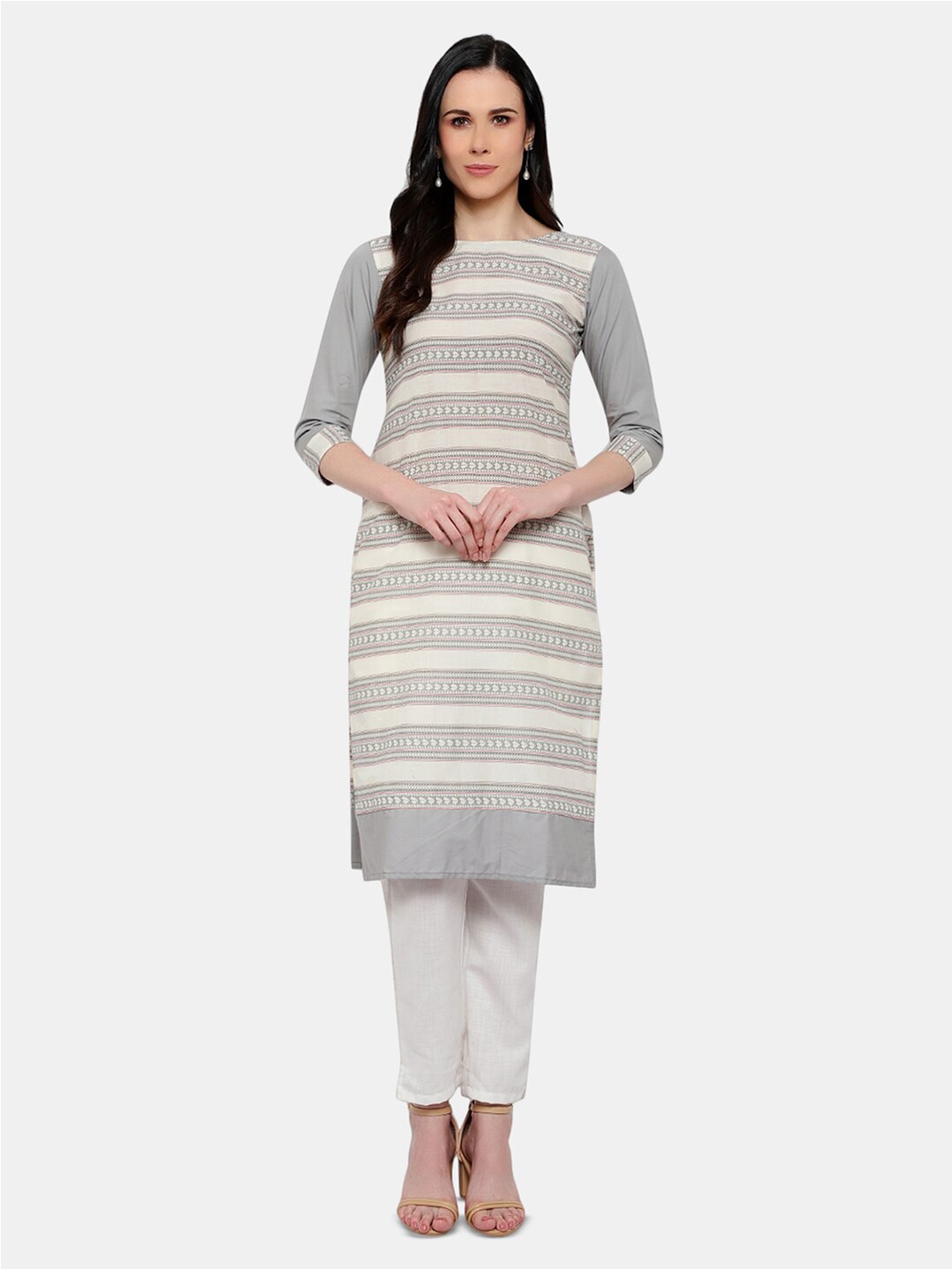 

URG Striped Boat Neck Three-Quarter Sleeves Cotton Kurta, Grey