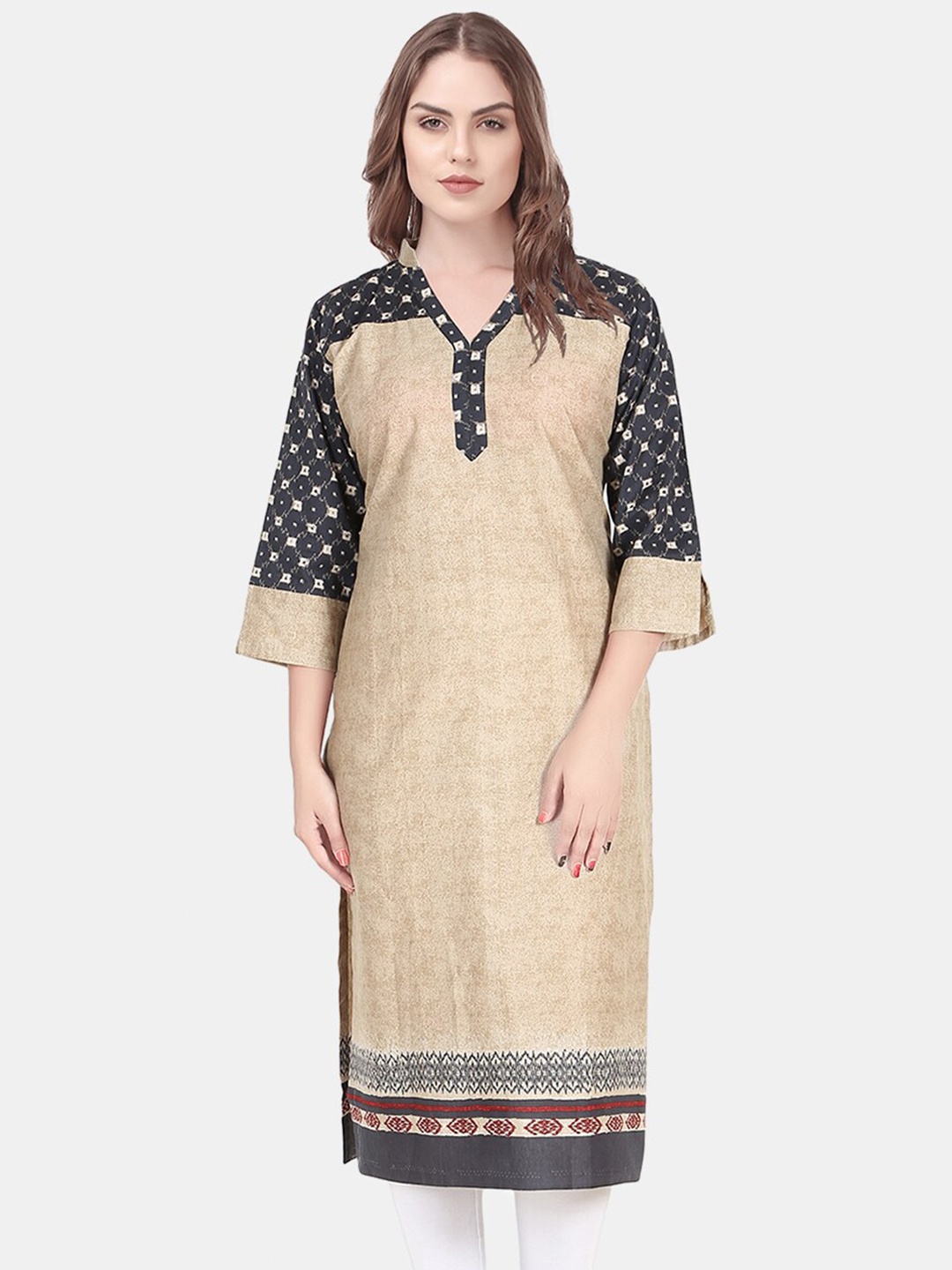

URG Ethnic Motifs V-Neck Three-Quarter Sleeves Cotton Kurta, Gold