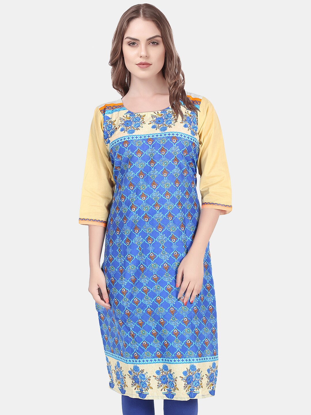 

URG Women Floral Boat Neck Three-Quarter Sleeves Cotton Kurta, Blue