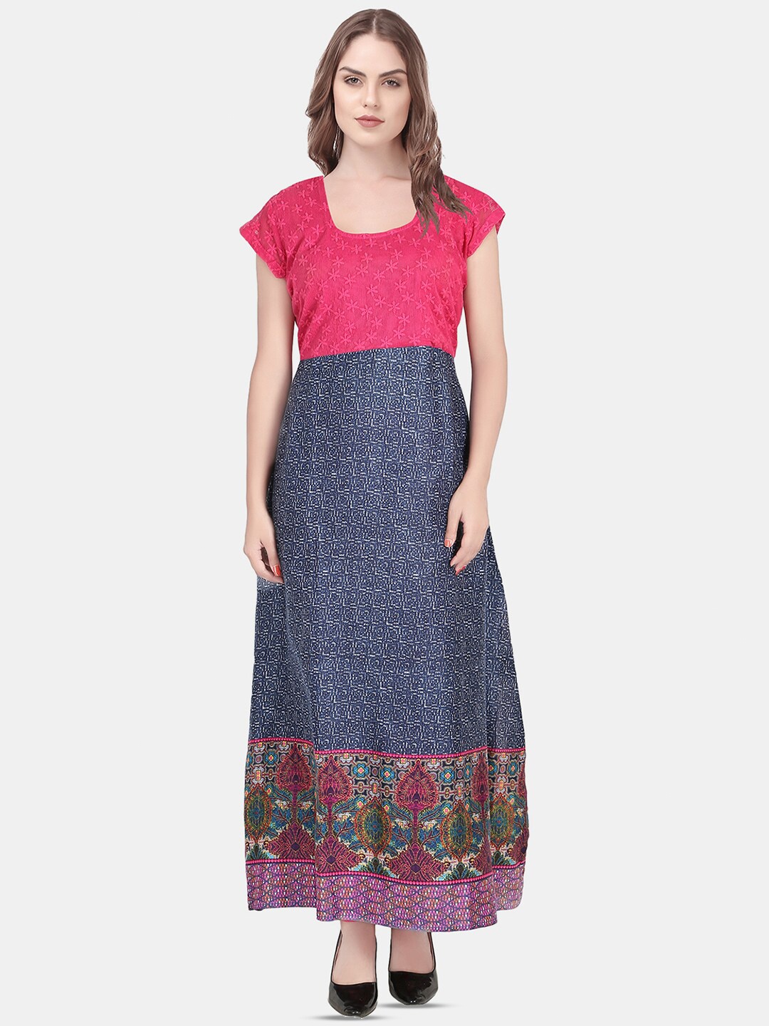 

URG Printed Fit and Flare Cotton Maxi Dress, Pink