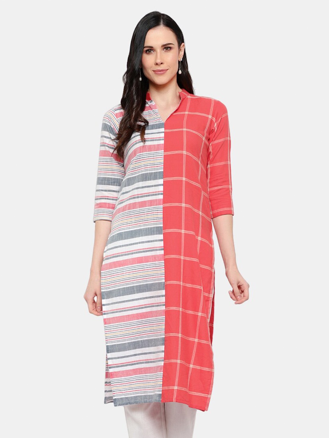 

URG Striped V-Neck Three-Quarter Sleeves Thread Work Cotton Kurta, Multi