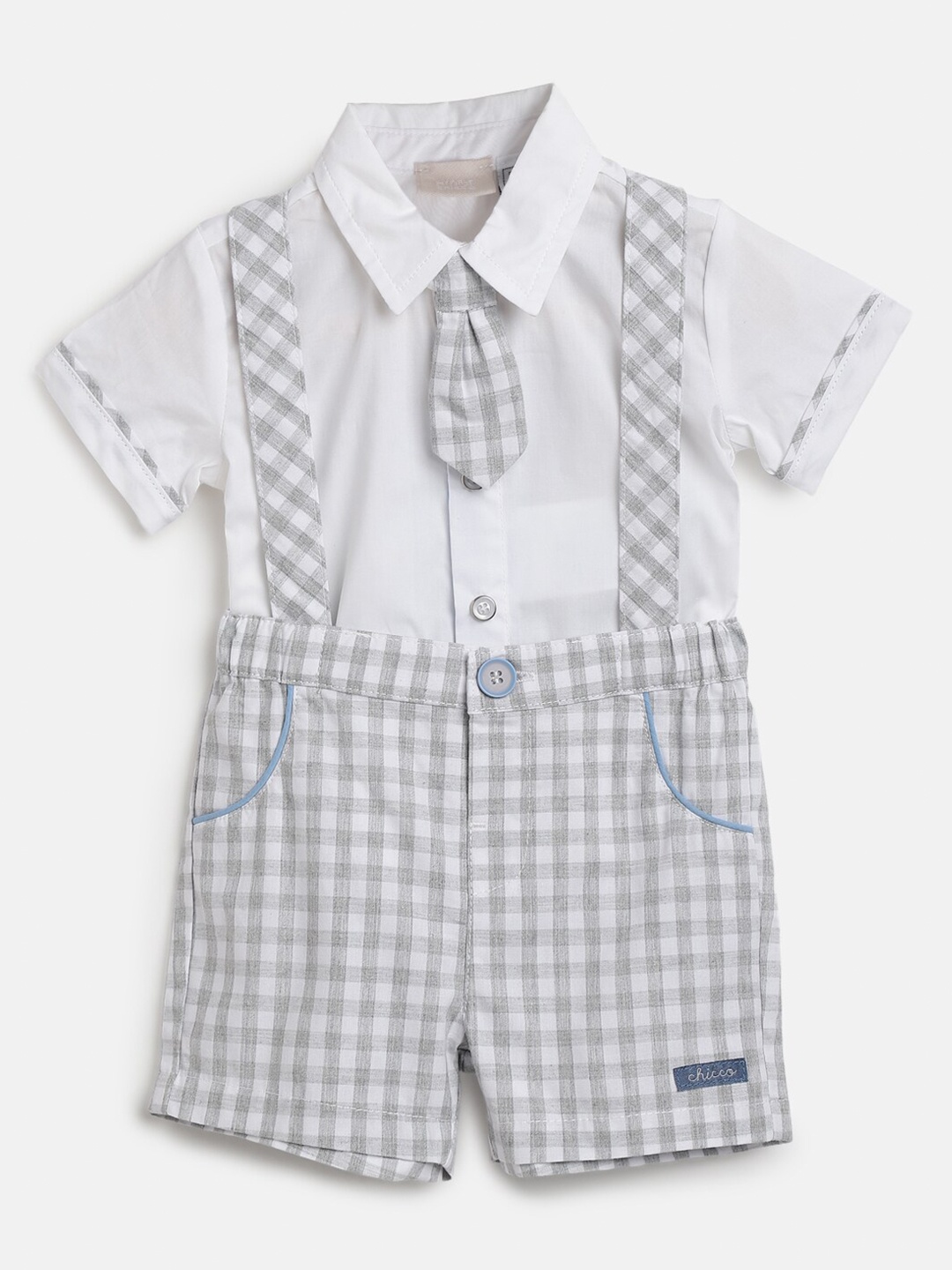 

Chicco Boys Checked Pure Cotton Shirt With Trousers With Suspenders, Grey