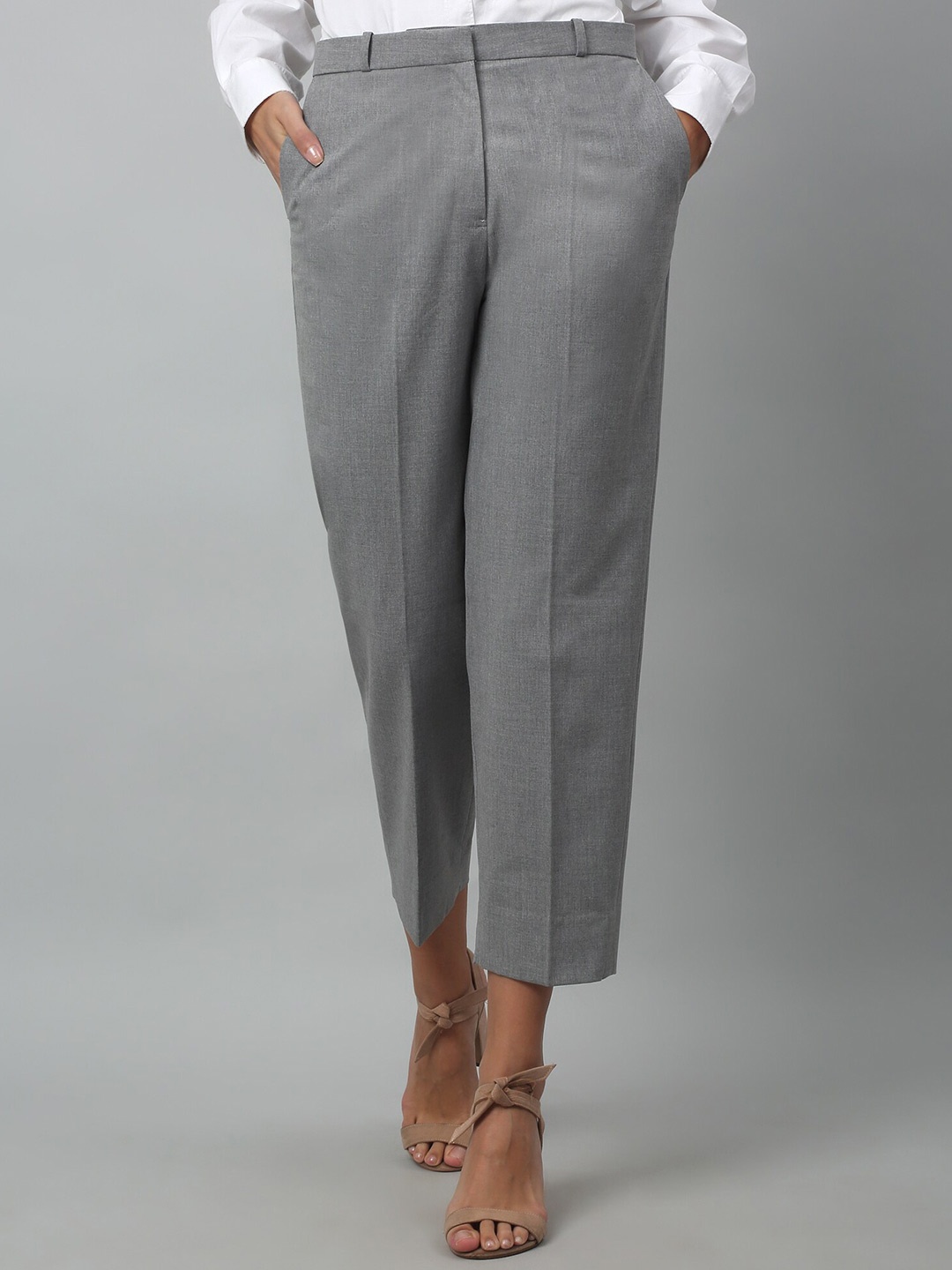 

Cantabil Women Mid Rise Cropped Trousers, Grey