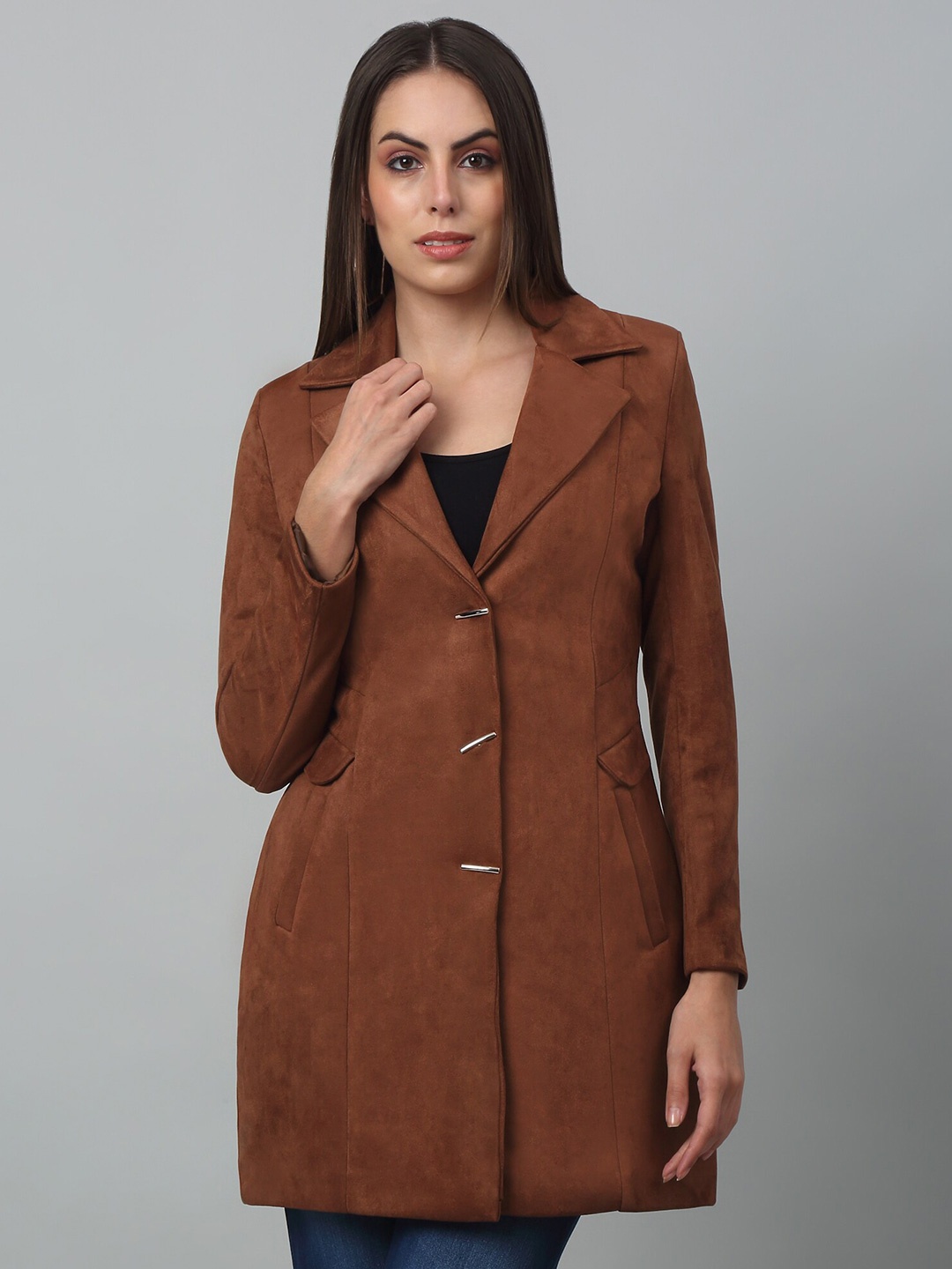 

Cantabil Suede Notched Lapel Single Breasted Longline Over Coat, Brown