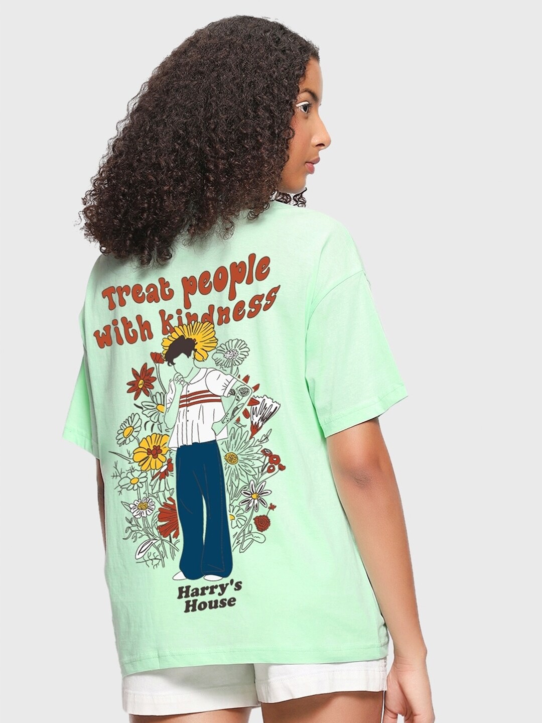

Bewakoof Treat People With Kindness Graphic Printed Oversized T-shirt, Green
