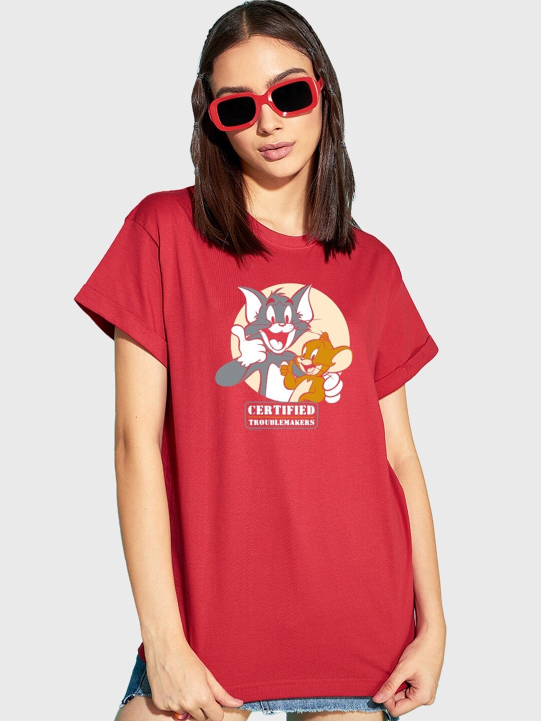 

Bewakoof Tom & Jerry Printed Round Neck Cotton T-shirt, Red