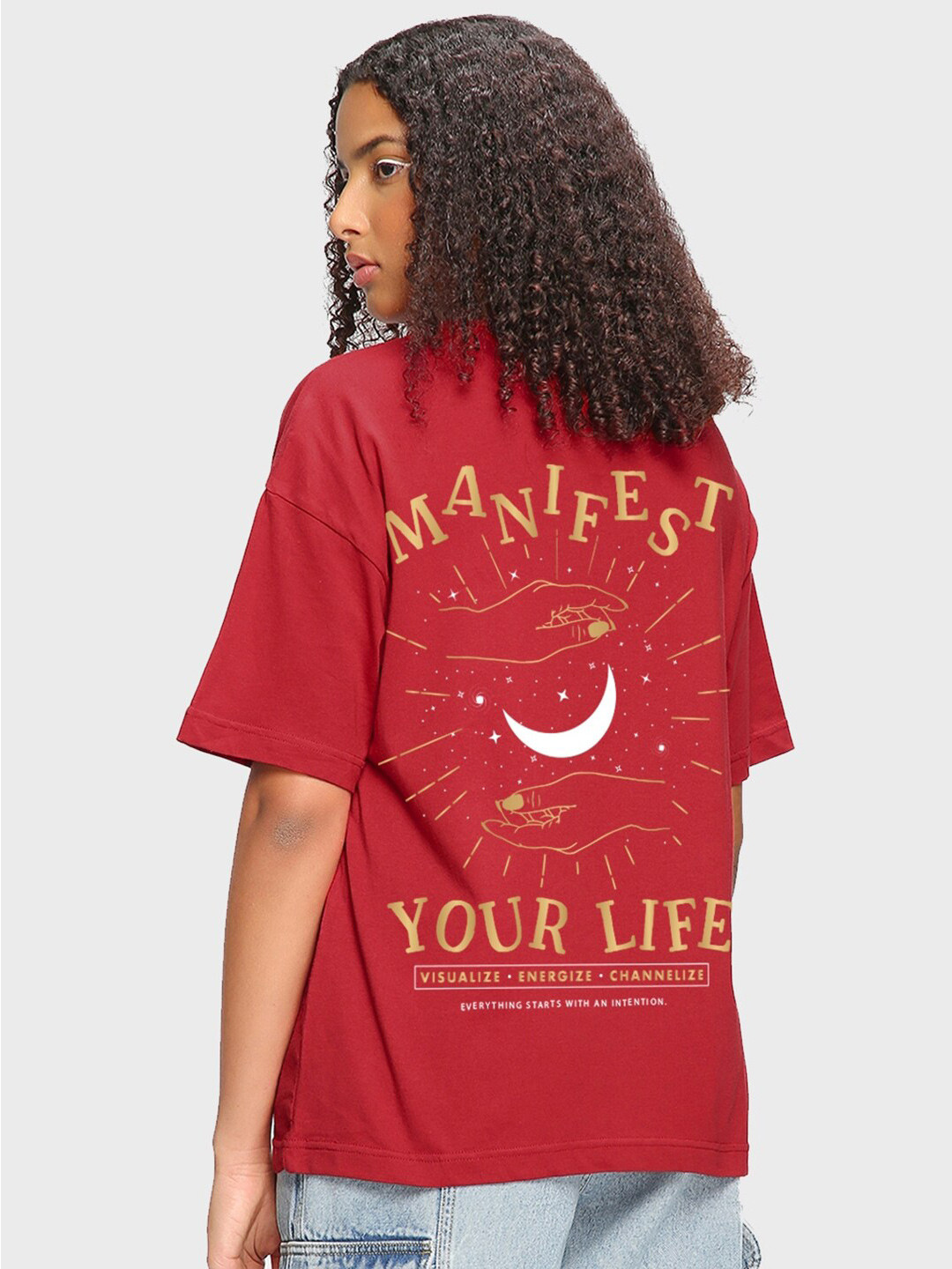 

Bewakoof Printed Cotton Round Neck Oversized Casual T-shirt, Red