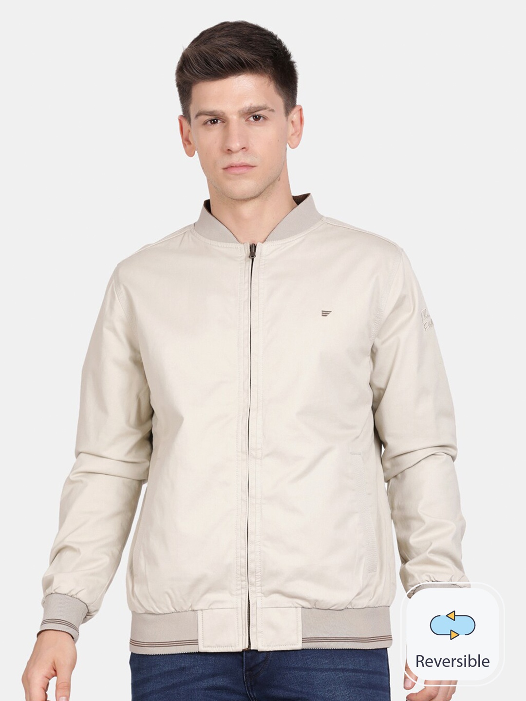 

t-base Stand Collar Reversible Bomber Jacket, Beige