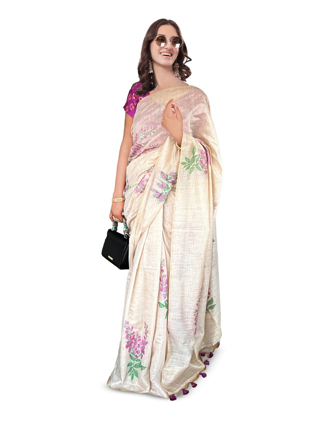 

NK Textiles Floral Printed Muga Saree, Off white