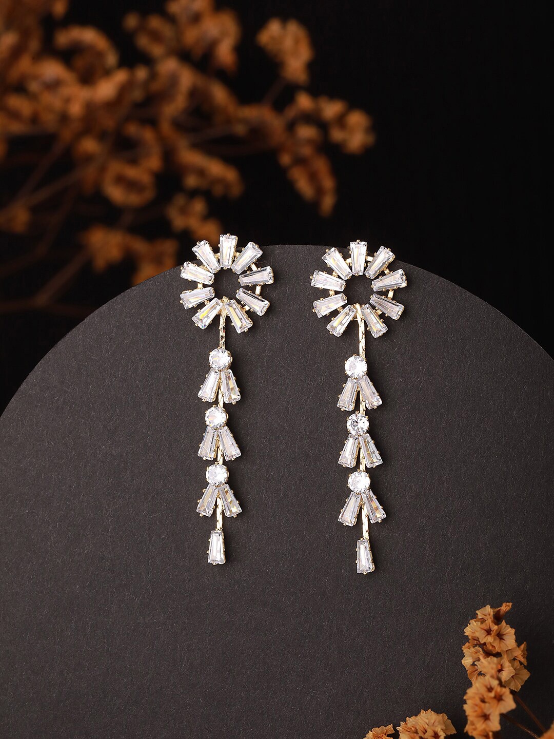 

Jazz and Sizzle Gold-Plated Cubic Zirconia Studded Floral Drop Earrings