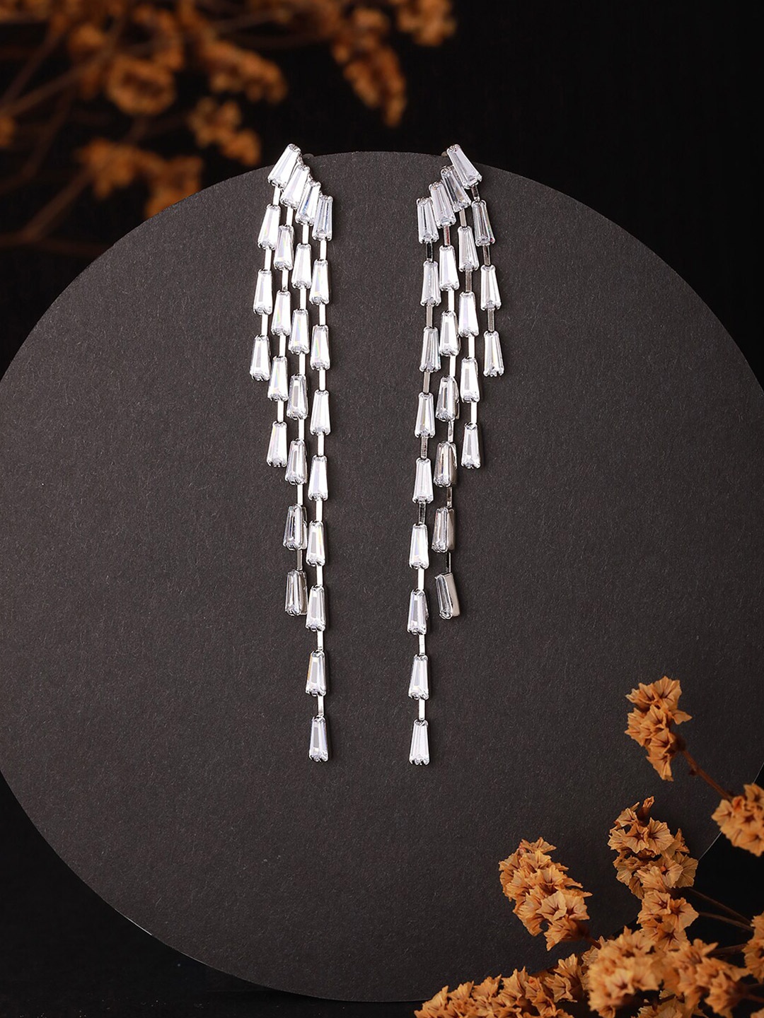 

Jazz and Sizzle Rose Gold-Plated Cubic Zirconia Studded Contemporary Drop Earrings