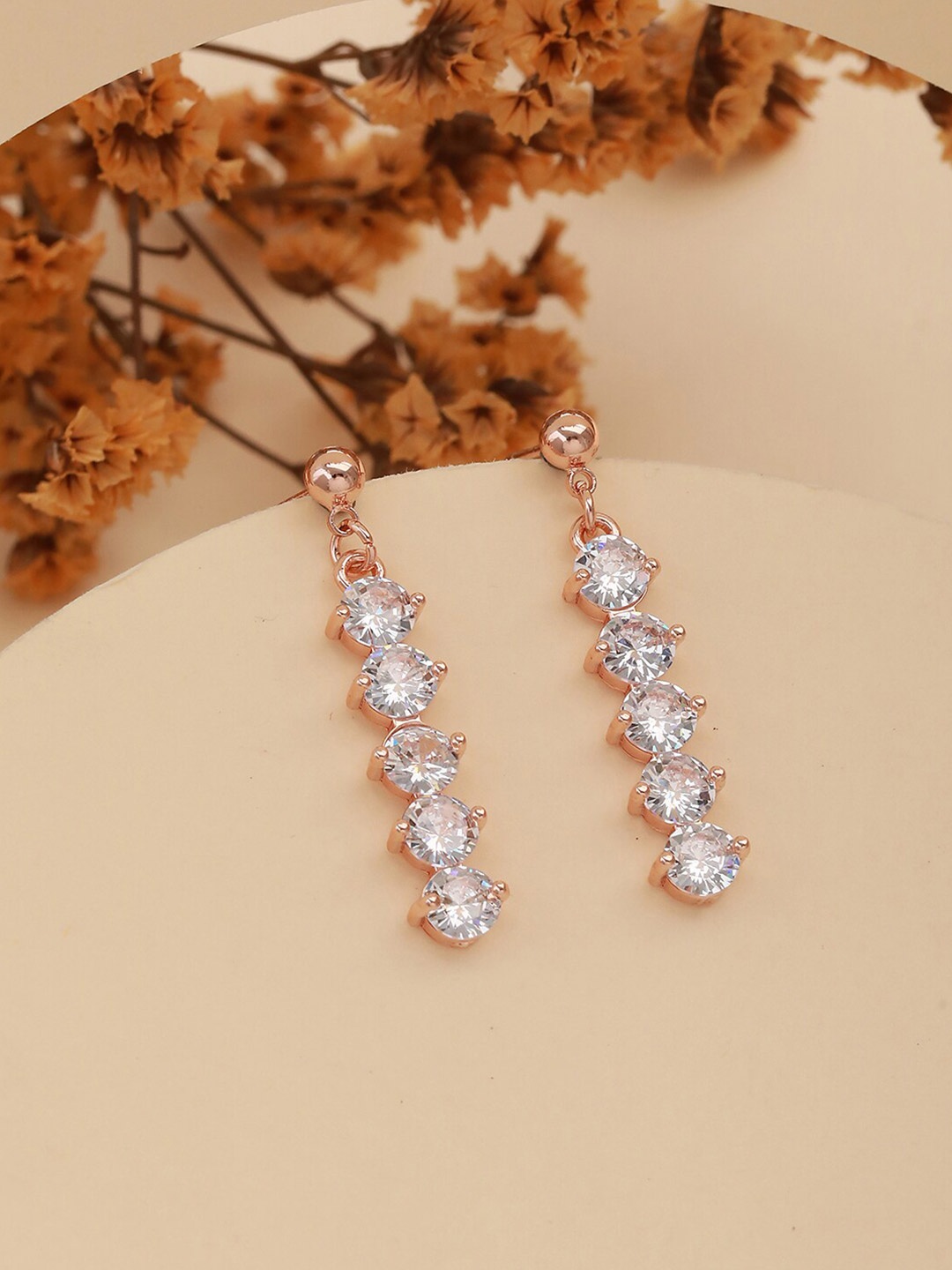 

Jazz and Sizzle Rose Gold-Plated Cubic Zirconia Studded Contemporary Drop Earrings