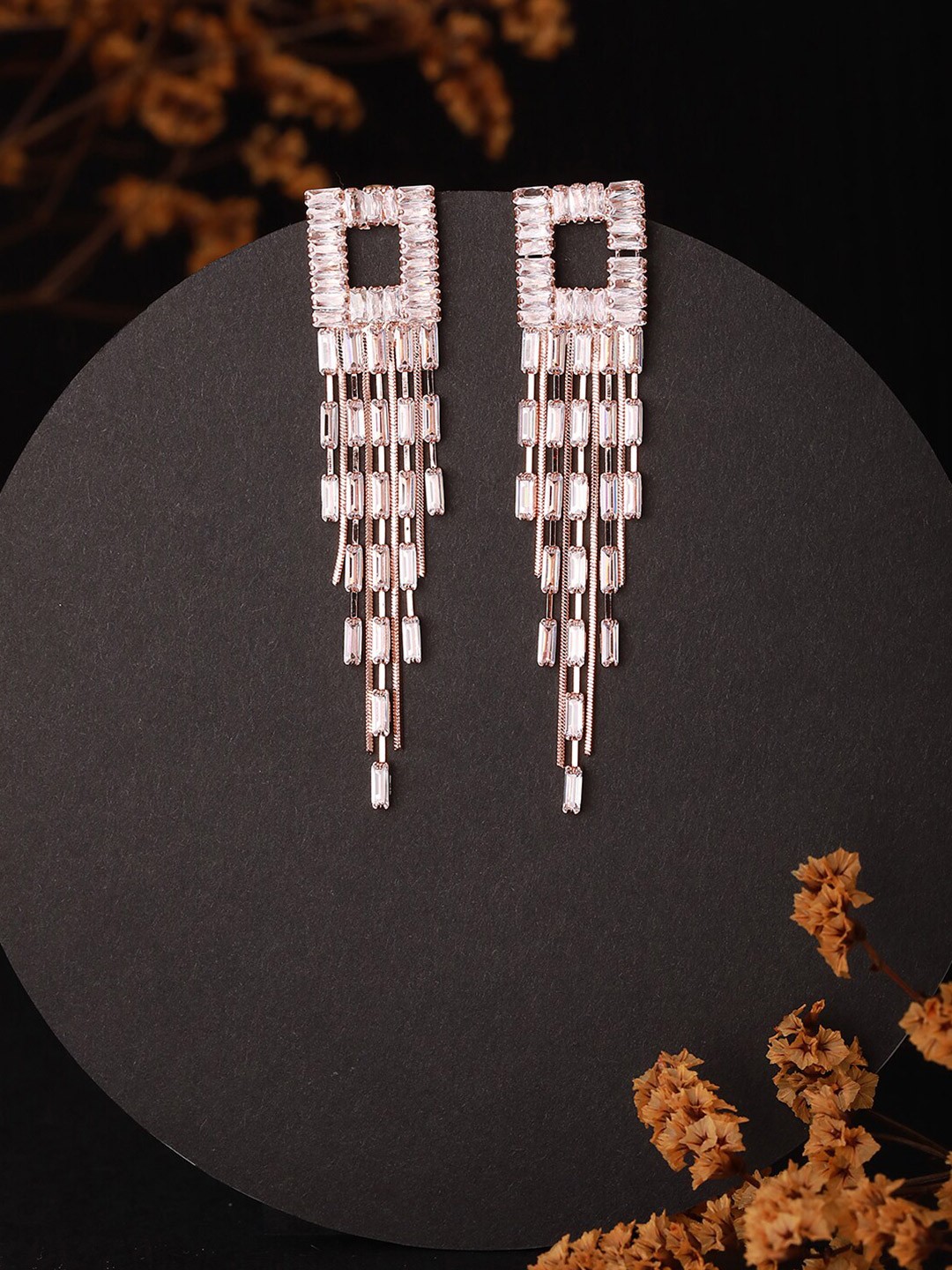 

Jazz and Sizzle Rose Gold-Plated Cubic Zirconia Studded Contemporary Drop Earrings