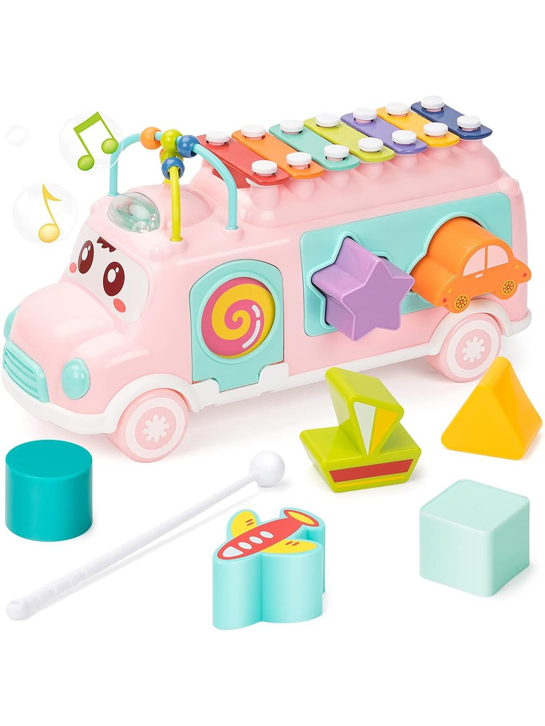 

OPINA Kids Xylophone Musical School Bus Toy, Pink