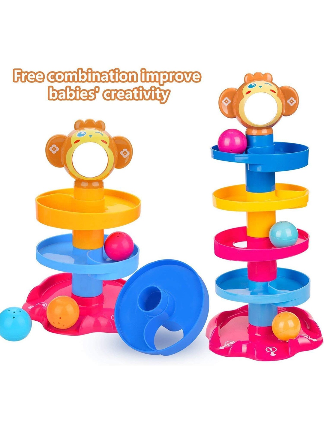

OPINA 5 Layer Ball Drop & Roll Swirling Monkey Tower Ramp Toy, Blue