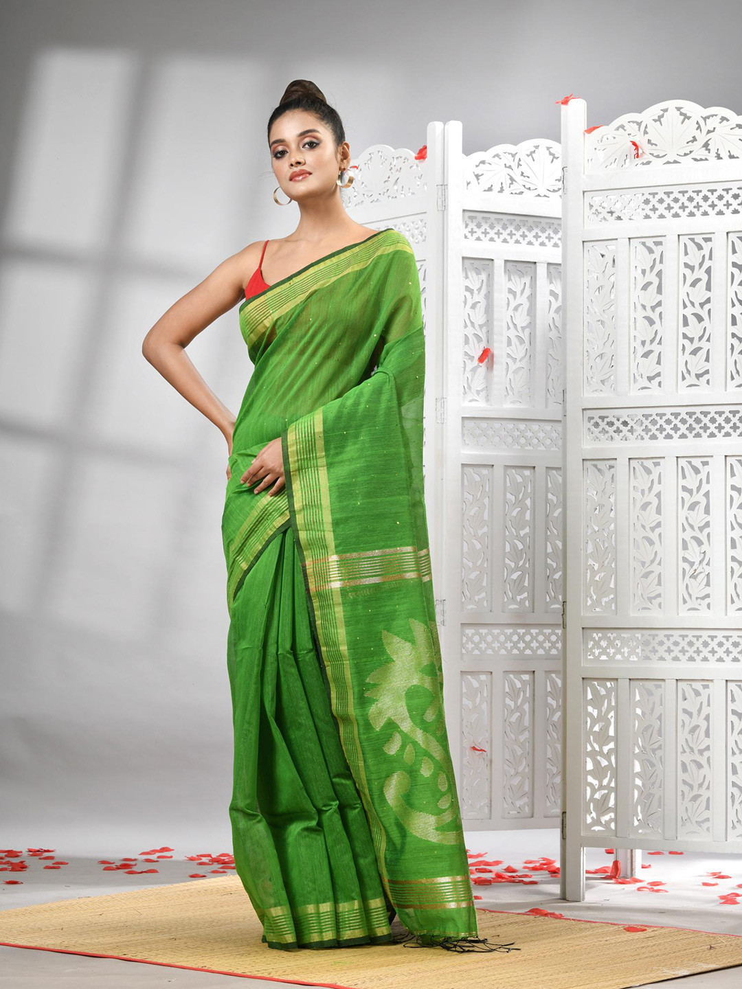 

Angoshobha Striped Woven Design Zari Saree, Green