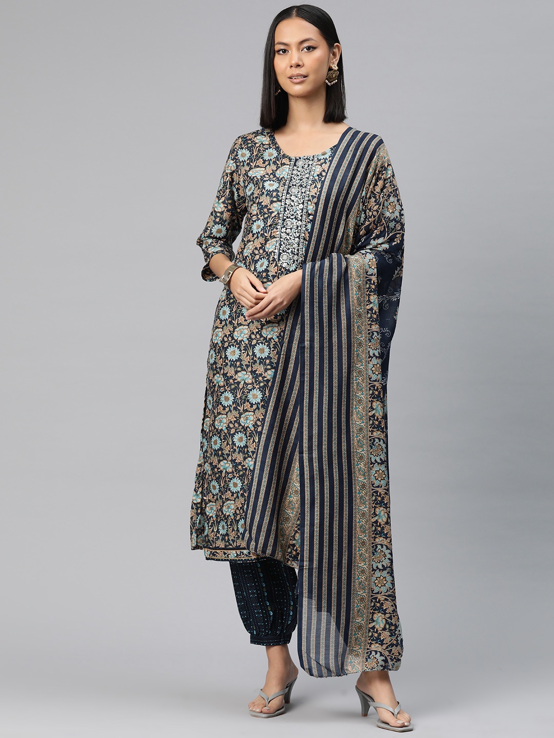 

Readiprint Fashions Floral Printed Sequinned Pure Silk Kurta with Harem Pants & Dupatta, Navy blue