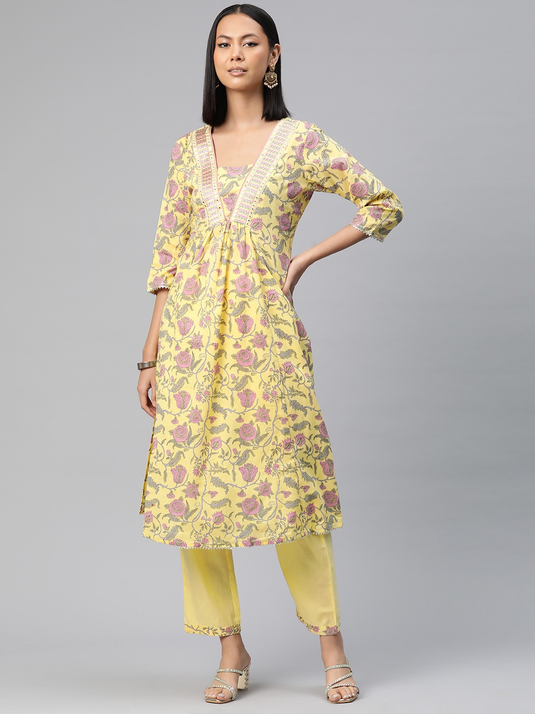Readiprint Floral Printed Pleated Mirror Work Pure Cotton Kurta with Trousers, Yellow
