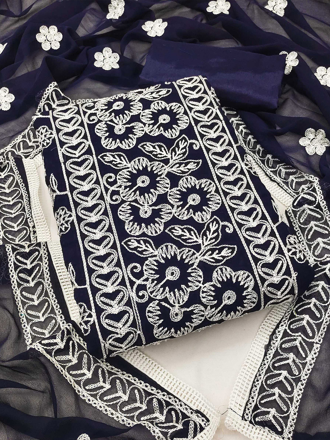 

KALINI Floral Embroidered Thread Work Detailed Unstitched Dress Material, Navy blue