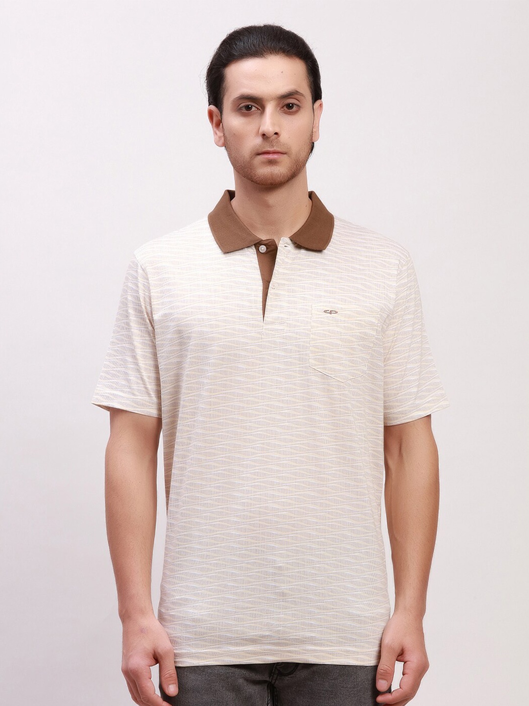 

ColorPlus Striped Polo Collar Pockets T-shirt, Beige