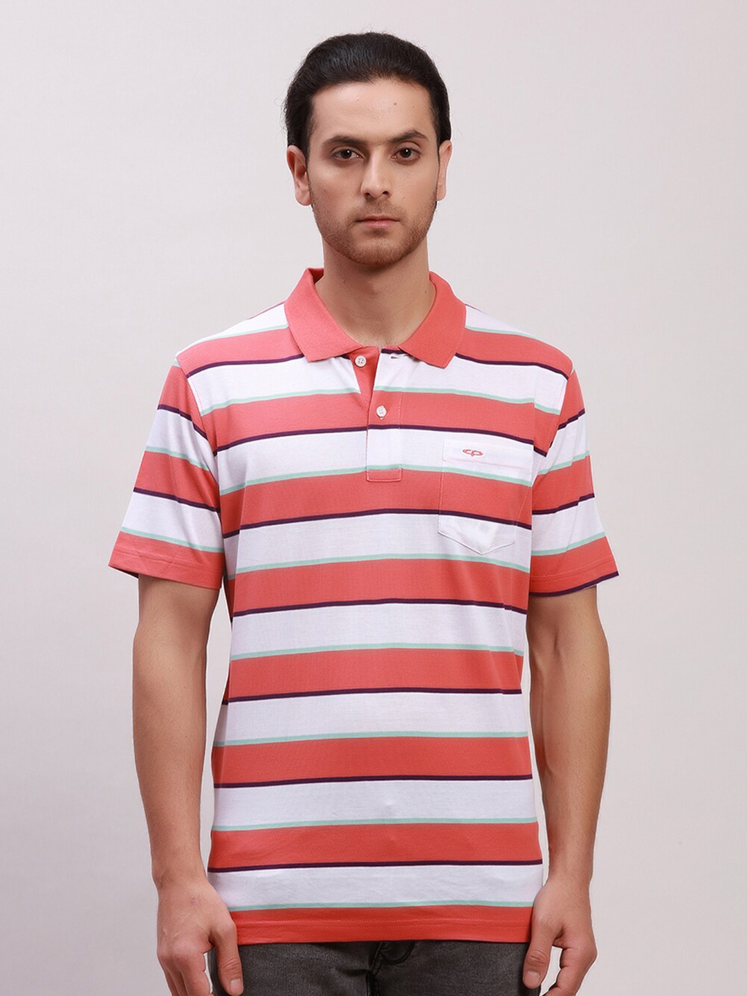 

ColorPlus Striped Polo Collar Pockets T-shirt, Orange