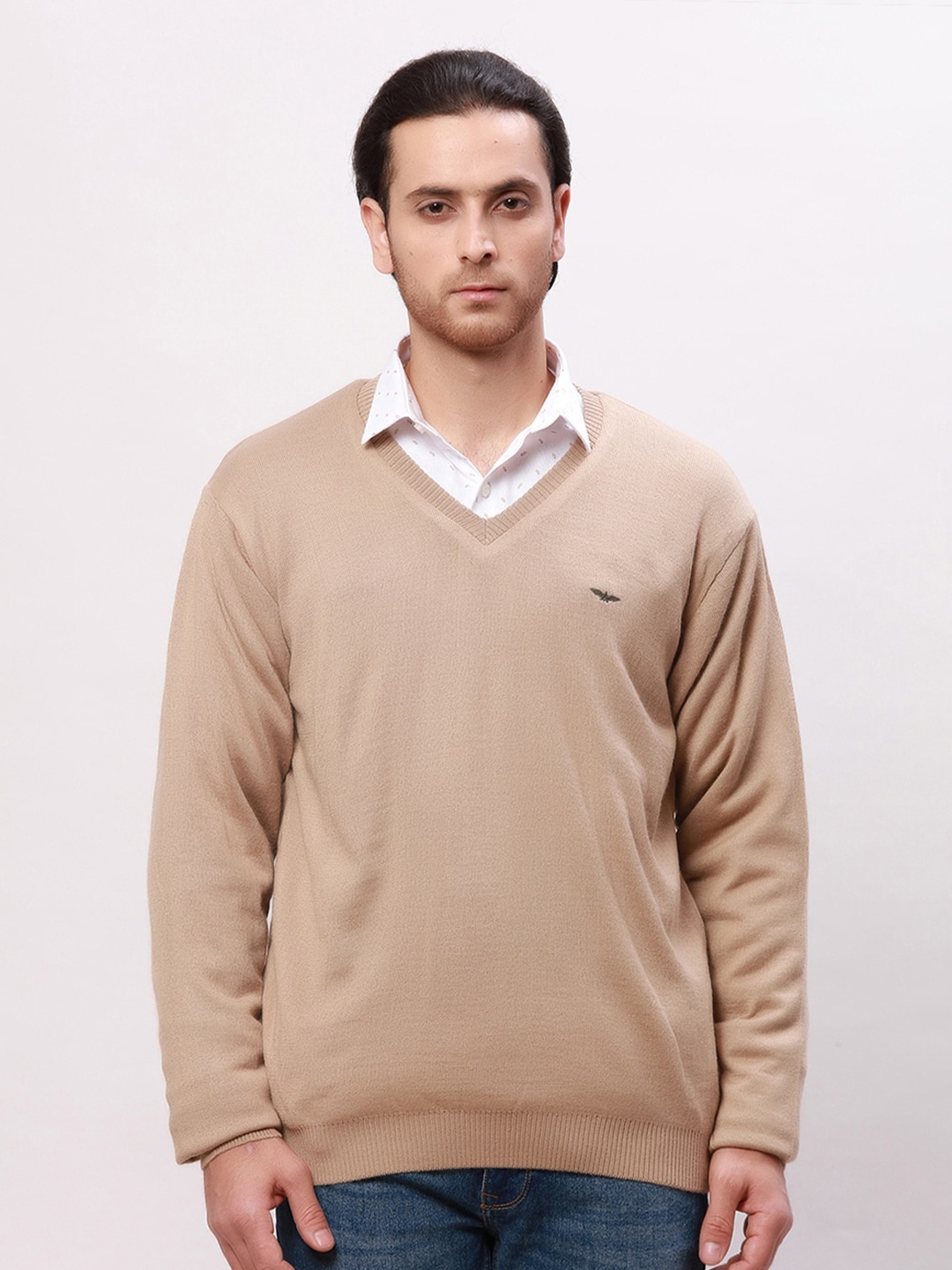 

Park Avenue V-Neck Ribbed Acrylic Woollen Pullover, Beige