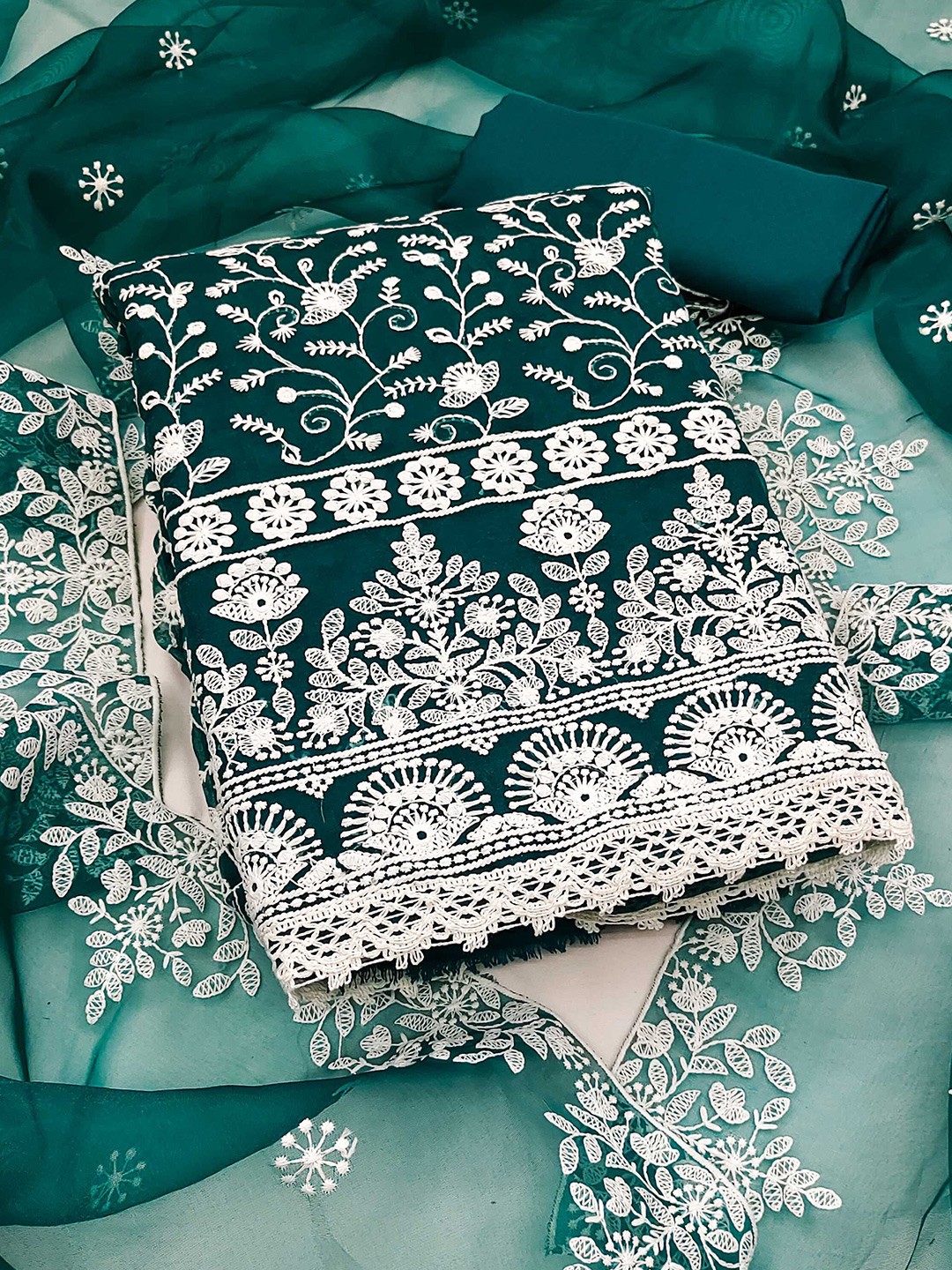 

Panzora Floral Embroidered Organza Unstitched Dress Material, Teal