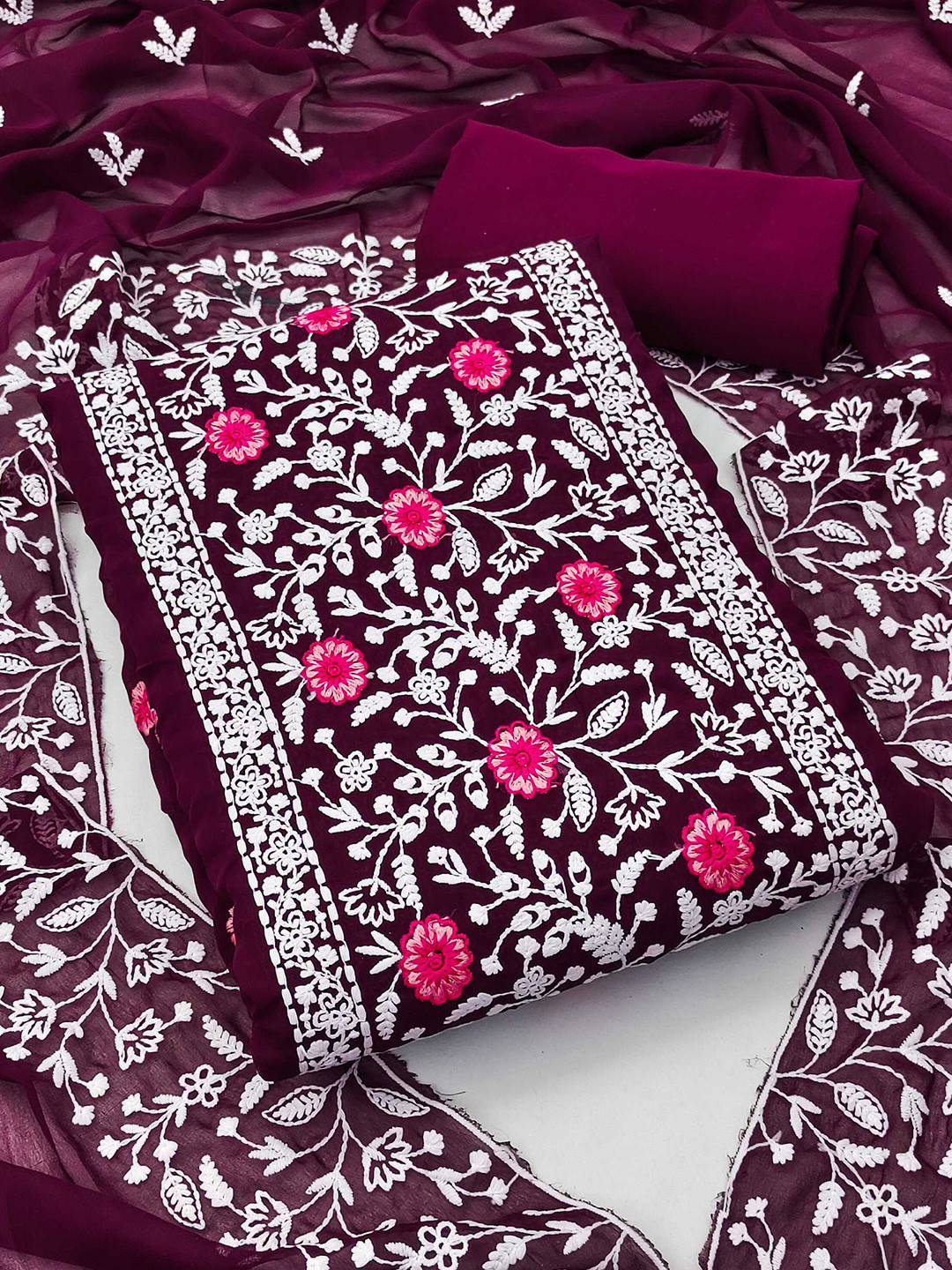 

Panzora Floral Embroidered Unstitched Dress Material, Purple