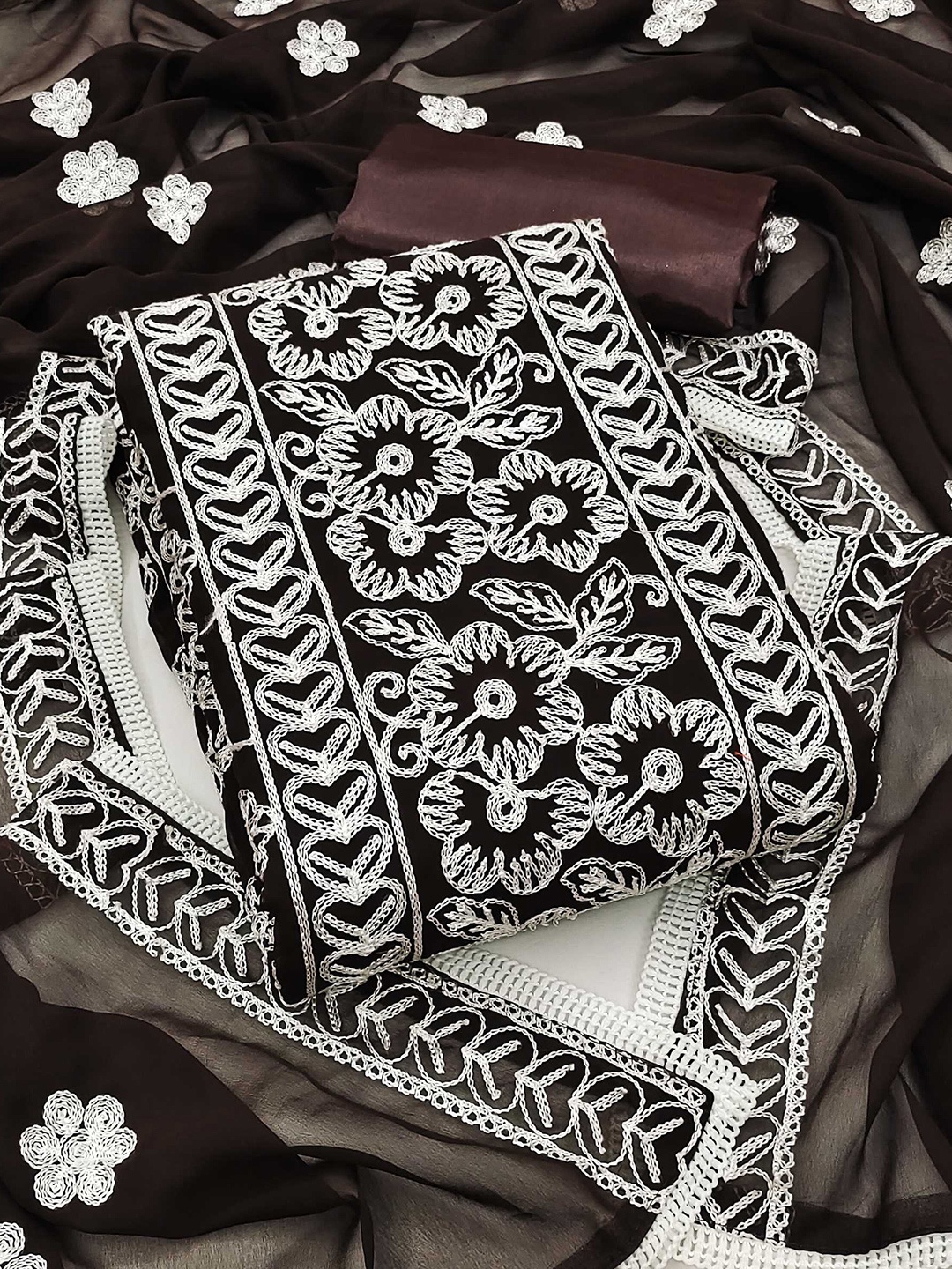 

Panzora Floral Embroidered Unstitched Dress Material, Brown