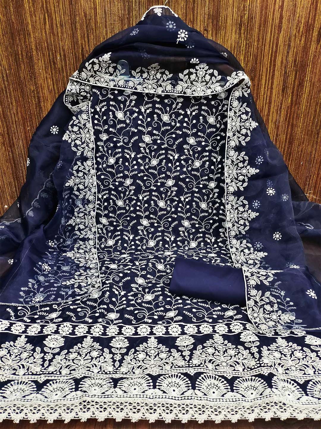

Panzora Floral Embroidered Unstitched Dress Material, Navy blue