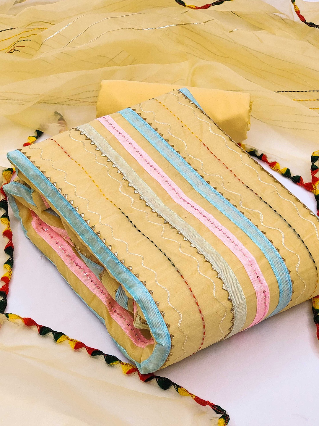 

Panzora Striped Embellished Unstitched Dress Material, Yellow
