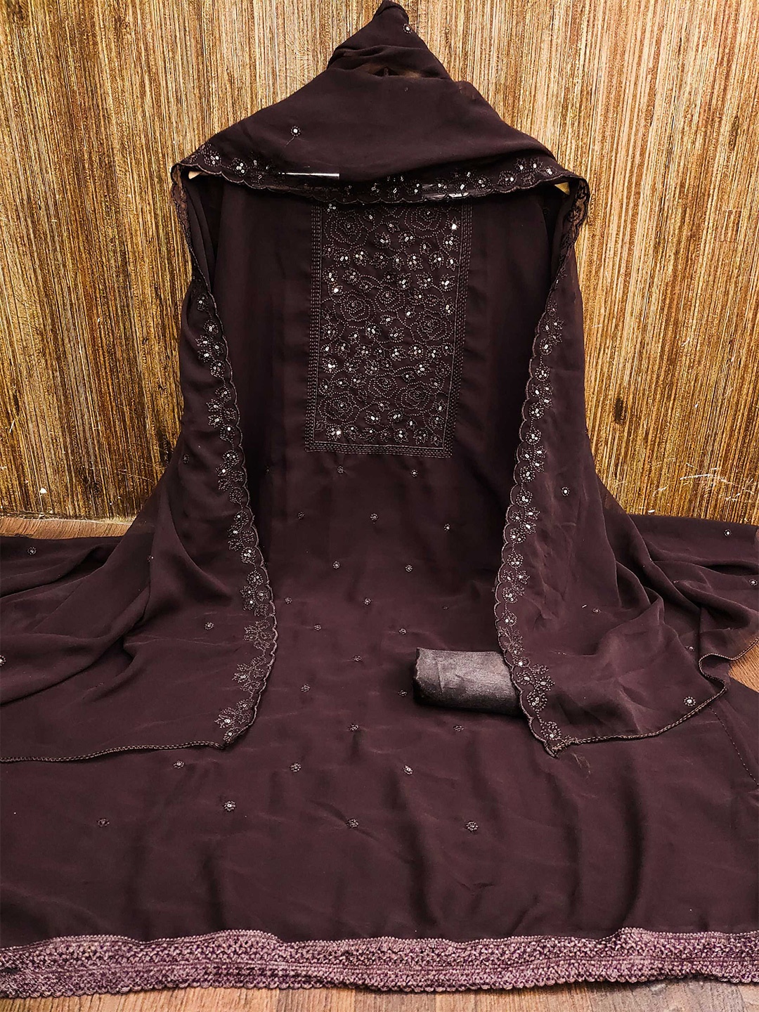 

Panzora Floral Embroidered Sequinned Unstitched Dress Material, Brown