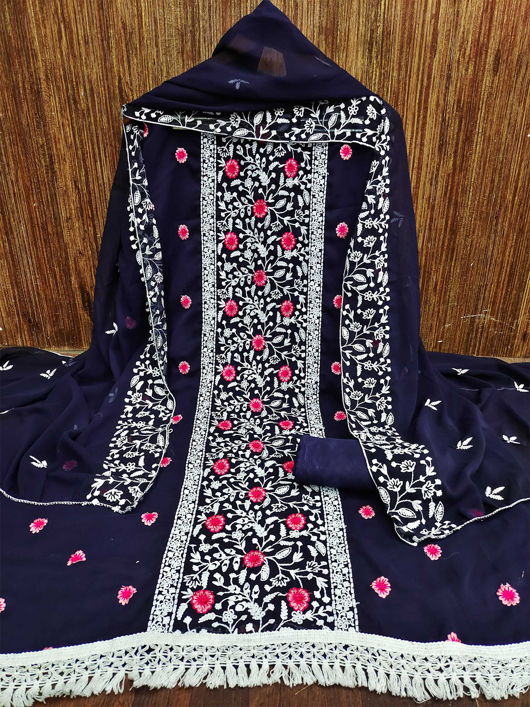 

Panzora Floral Embroidered Unstitched Dress Material, Navy blue