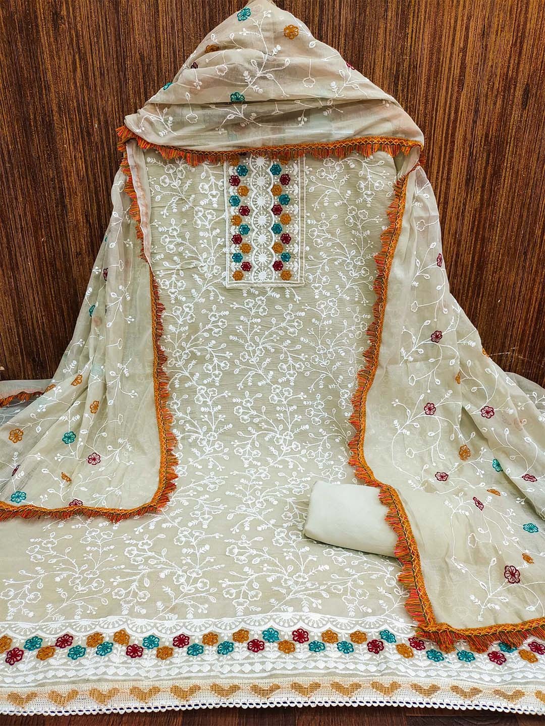 

Panzora Floral Embroidered Unstitched Dress Material, Beige