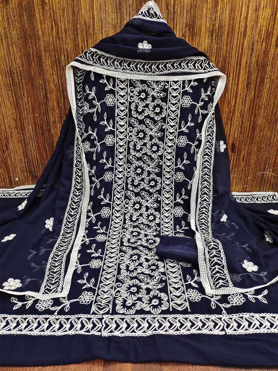 

Panzora Floral Embroidered Unstitched Dress Material, Navy blue