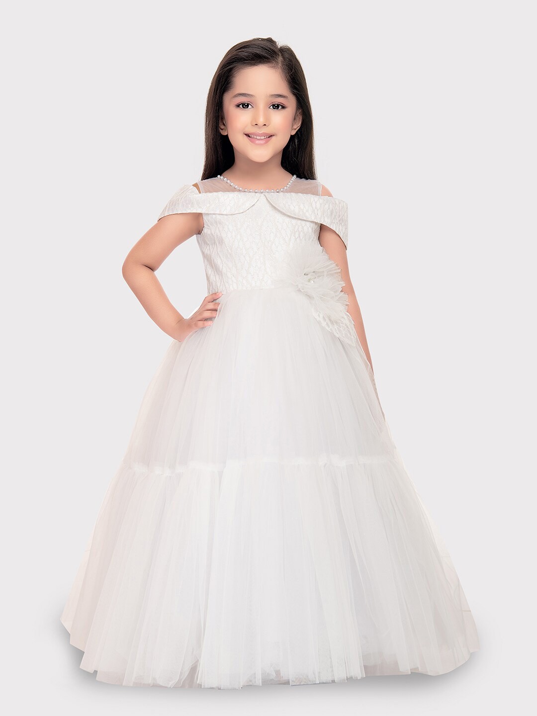 

BETTY Girls Self Design Embellished Round Neck Gown Dress, White