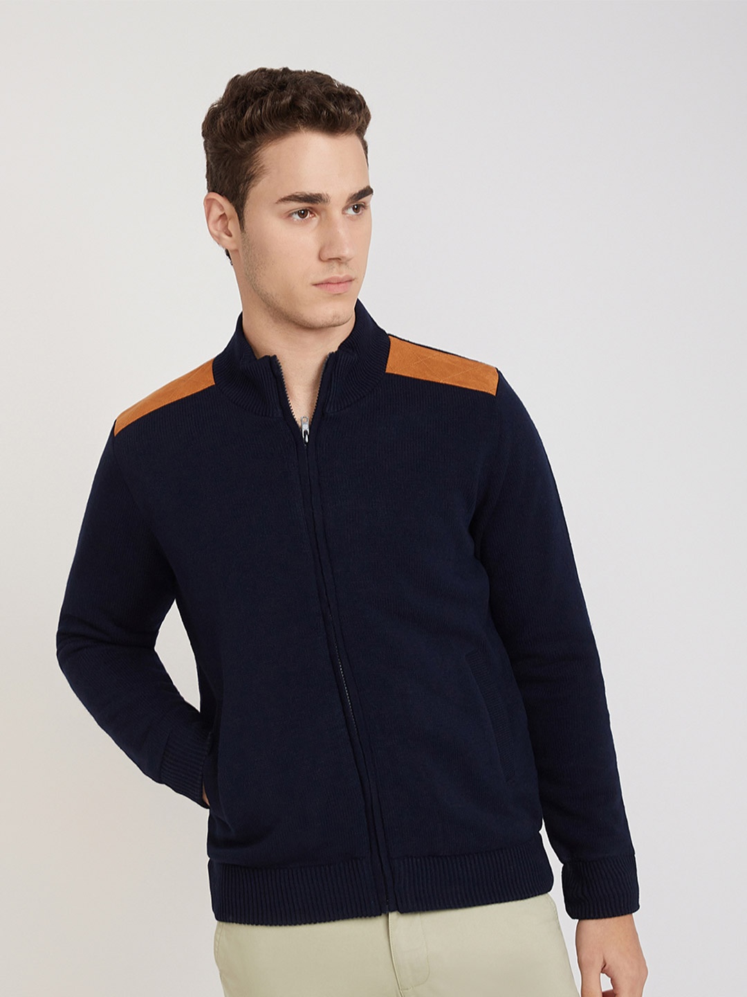 

Parx Mock Collar Acrylic Sporty Jacket, Navy blue