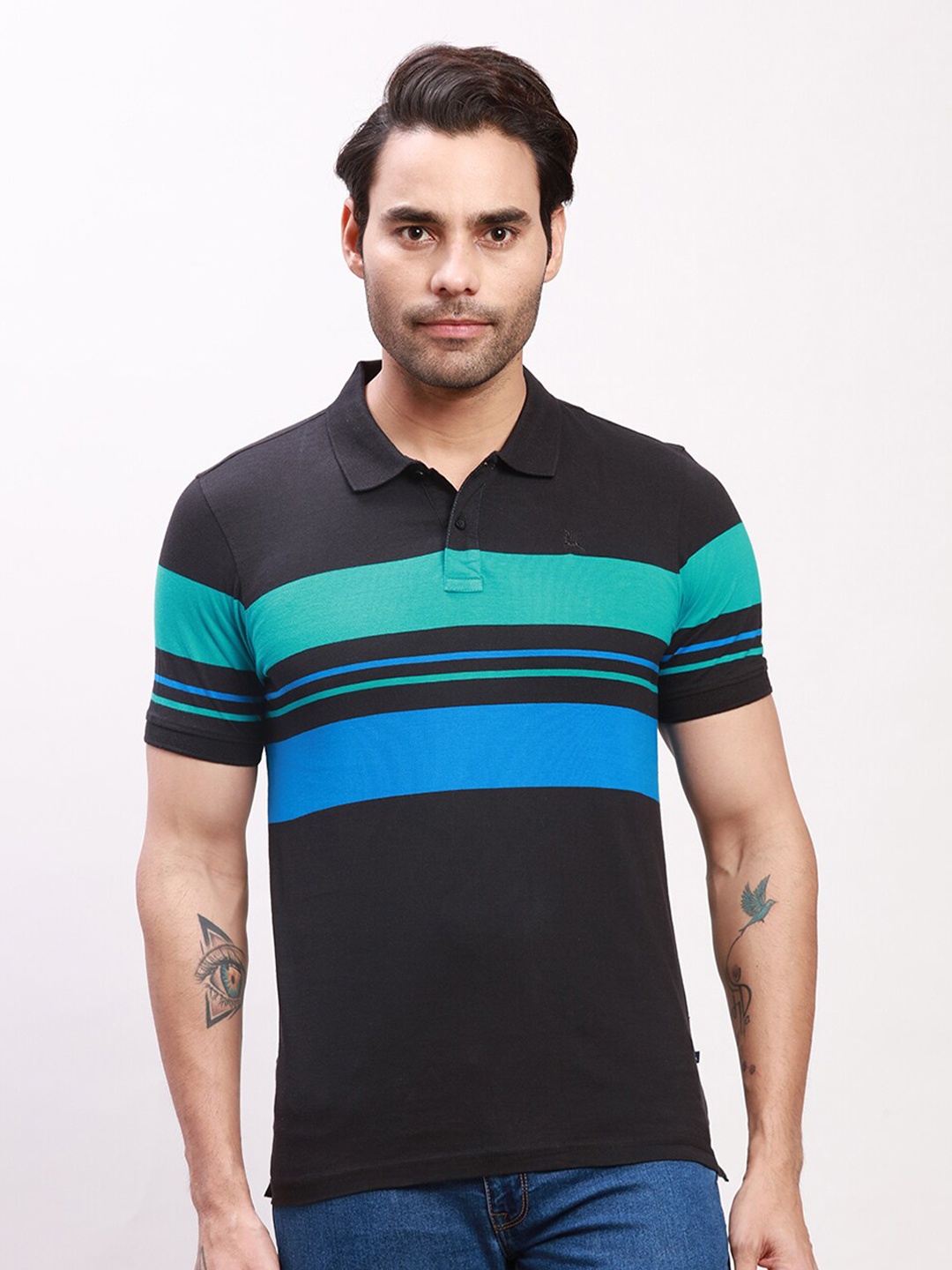 

Parx Striped Polo Collar Pockets Regular T-shirt, Black