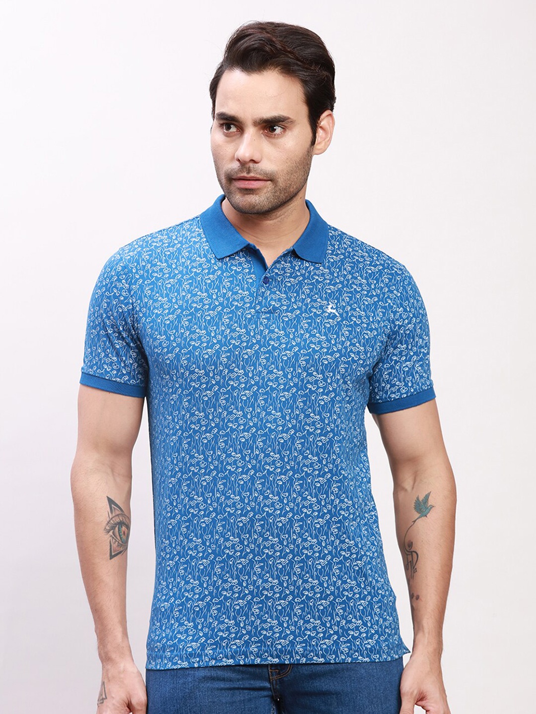 

Parx Floral Printed Polo Collar Cotton T-shirt, Blue