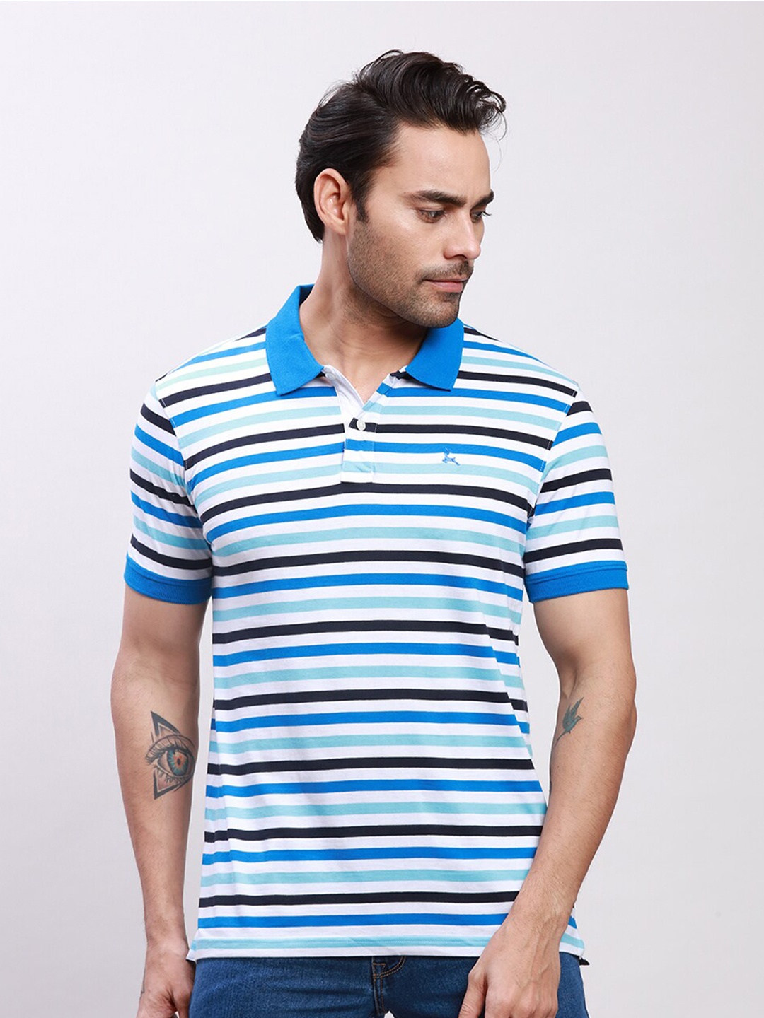 

Parx Striped Polo Collar Cotton T-shirt, Blue