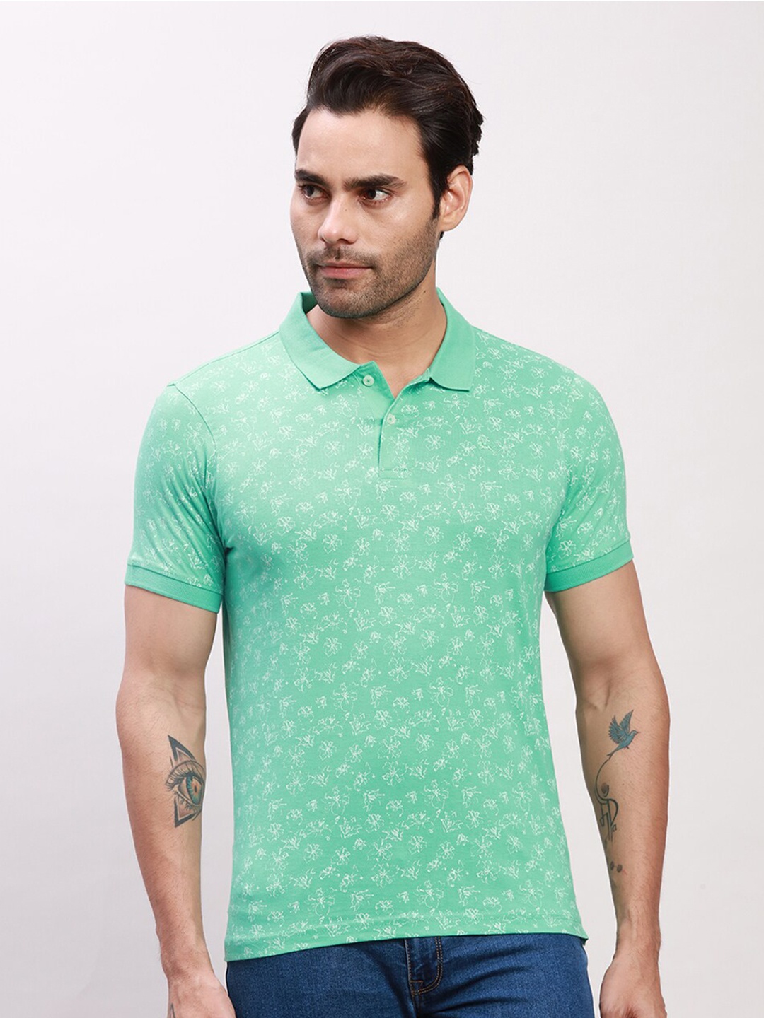 

Parx Floral Printed Polo Collar Cotton T-shirt, Green