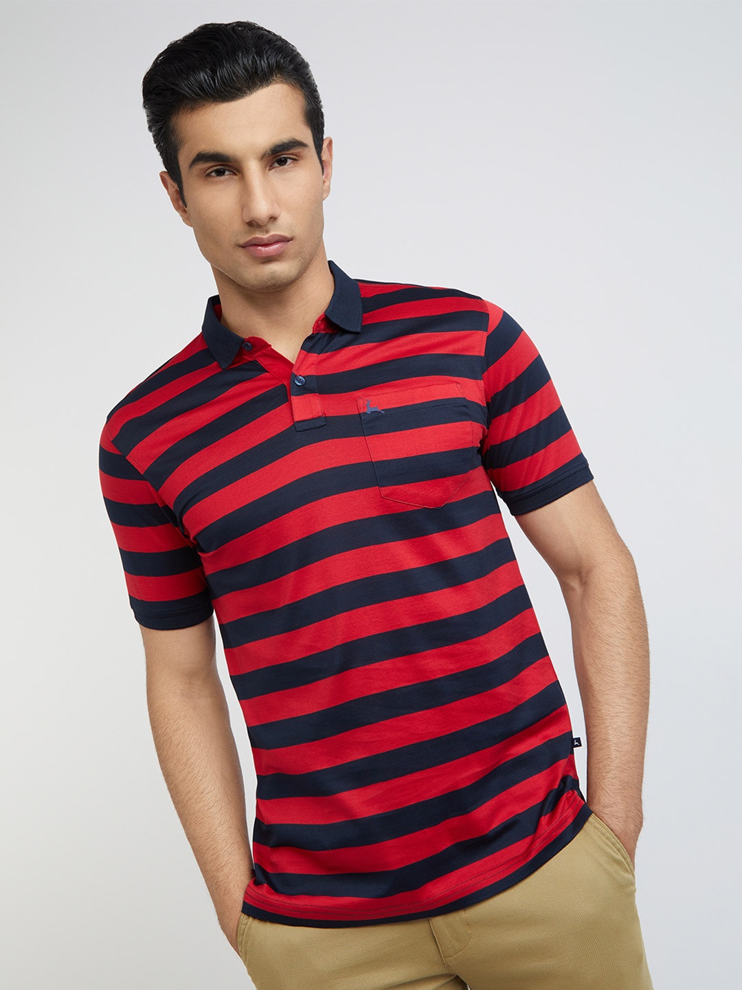 

Parx Striped Polo Collar Pockets Cotton T-shirt, Red