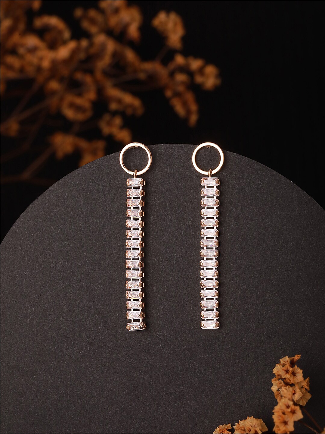 

Jazz and Sizzle Gold-Plated Cubic Zirconia Studded Contemporary Drop Earrings