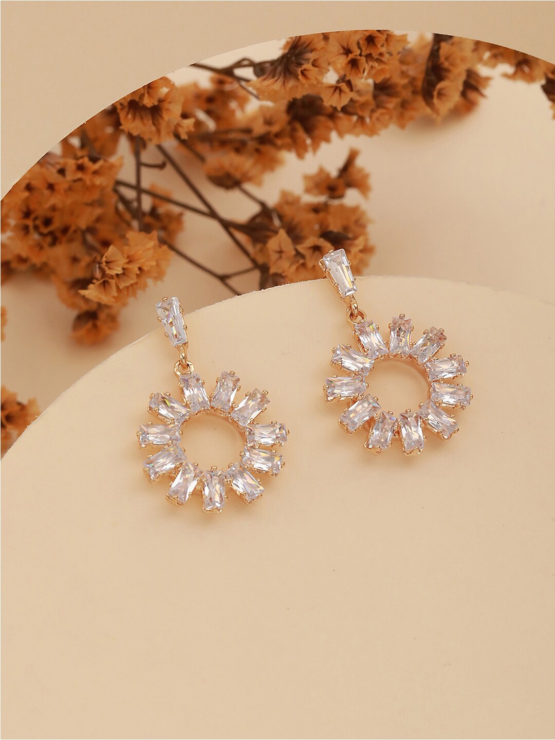 

Jazz and Sizzle Gold-Plated Cubic Zirconia Studded Contemporary Drop Earrings