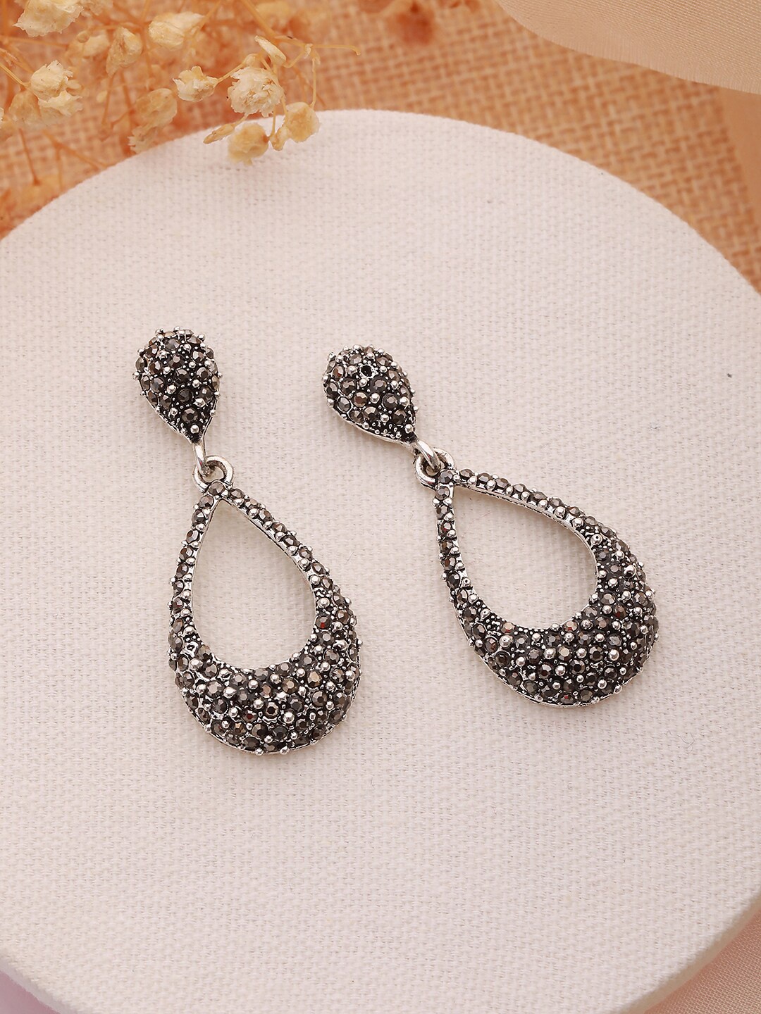 

Jazz and Sizzle Cubic Zirconia Studded Teardrop Shaped Drop Earrings, Black