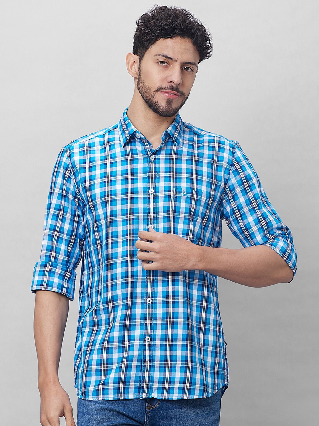 

Parx Tartan Checks Cotton Spread Collar Slim Fit Casual Shirt, Blue
