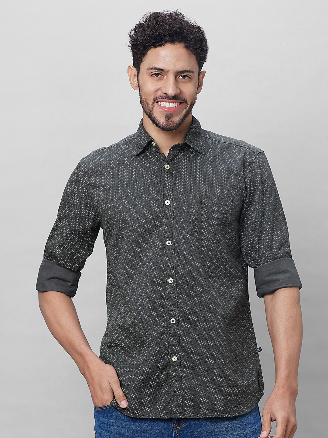 

Parx Micro Ditsy Printed Spread Collar Slim Fit Curved Casual Shirt, Grey