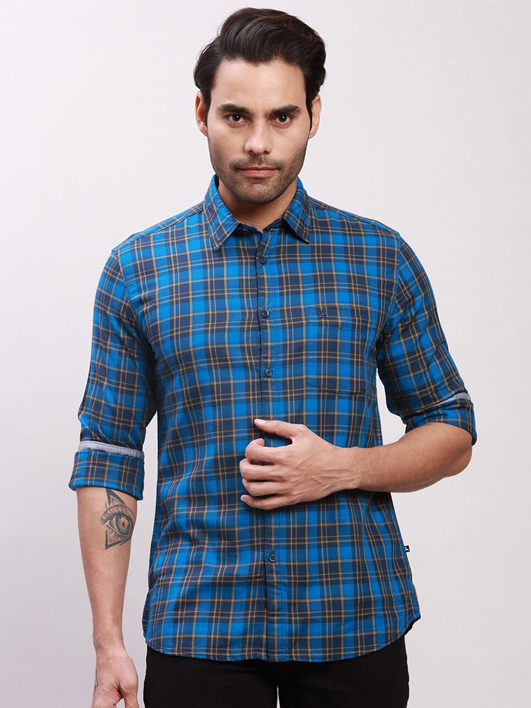 

Parx Slim Fit Tartan Checked Cotton Casual Shirt, Blue