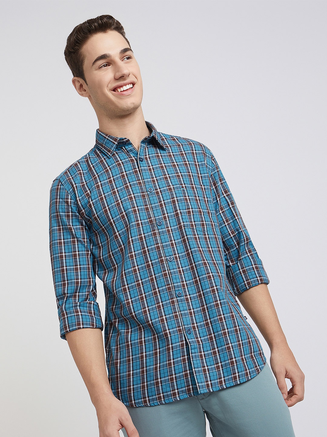 

Parx Slim Fit Tartan Checks Opaque Checked Cotton Casual Shirt, Blue