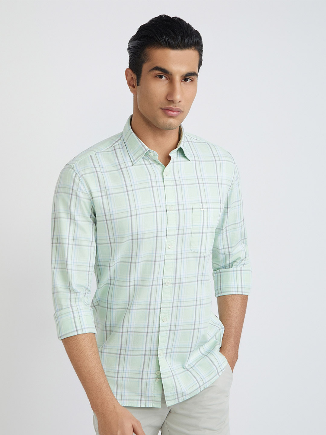 

Parx Slim Fit Opaque Checked Cotton Casual Shirt, Green